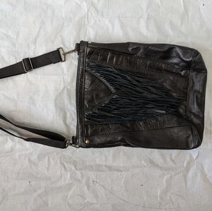 Black Leather Handmade Fringe Rectangle Bag